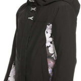 Roxy - A black jacket with a white floral pattern on the left sleeve and a pink lining visible inside the hood.