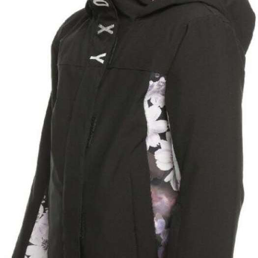 Roxy - A black jacket with a white floral pattern on the left sleeve and a pink lining visible inside the hood.