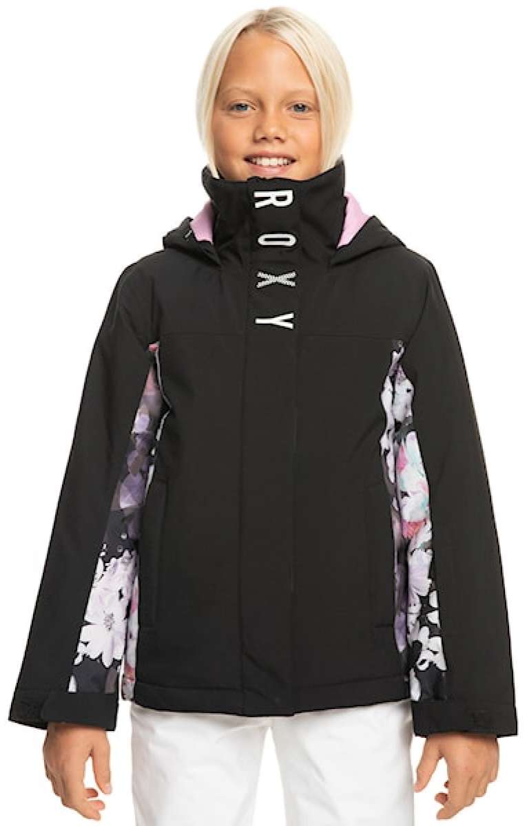 Roxy Junior's Galaxy Insulated Jacket 2024 - A black jacket with a pink lining and white floral pattern on the side panels.