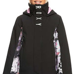 Roxy Junior's Galaxy Insulated Jacket 2024 - A black jacket with a pink lining and white floral pattern on the side panels.