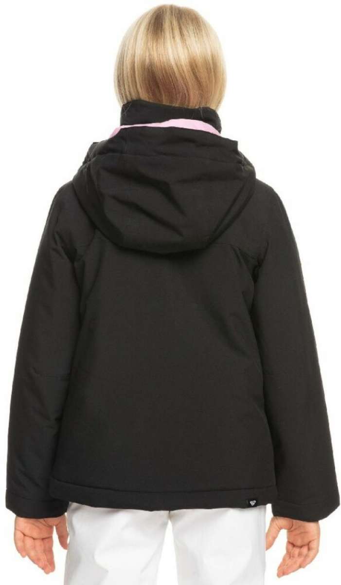 Roxy Junior's Galaxy Insulated Jacket 2024 - A black jacket with a pink stripe on the hood and white snowflake pattern on the back.