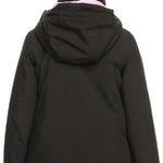 Roxy Junior's Galaxy Insulated Jacket 2024 - A black jacket with a pink stripe on the hood and white snowflake pattern on the back.
