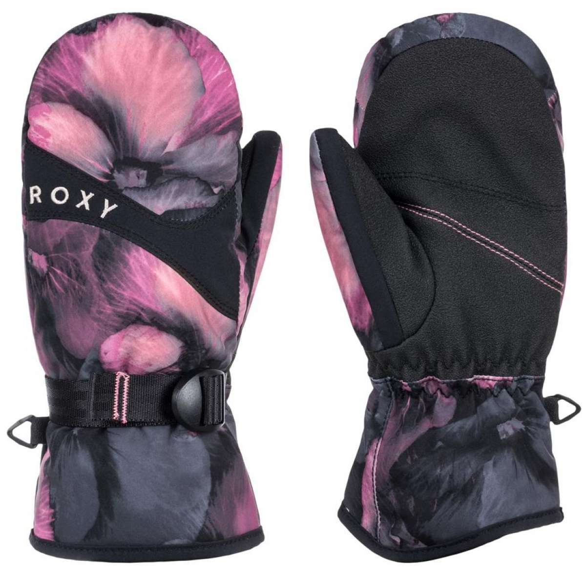 Roxy Junior's Jetty Mitt 2024 - A pair of mittens with a pink and black floral pattern, featuring a strap across the top for closure.