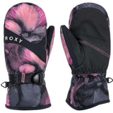 Roxy Junior's Jetty Mitt 2024 - A pair of mittens with a pink and black floral pattern, featuring a strap across the top for closure.