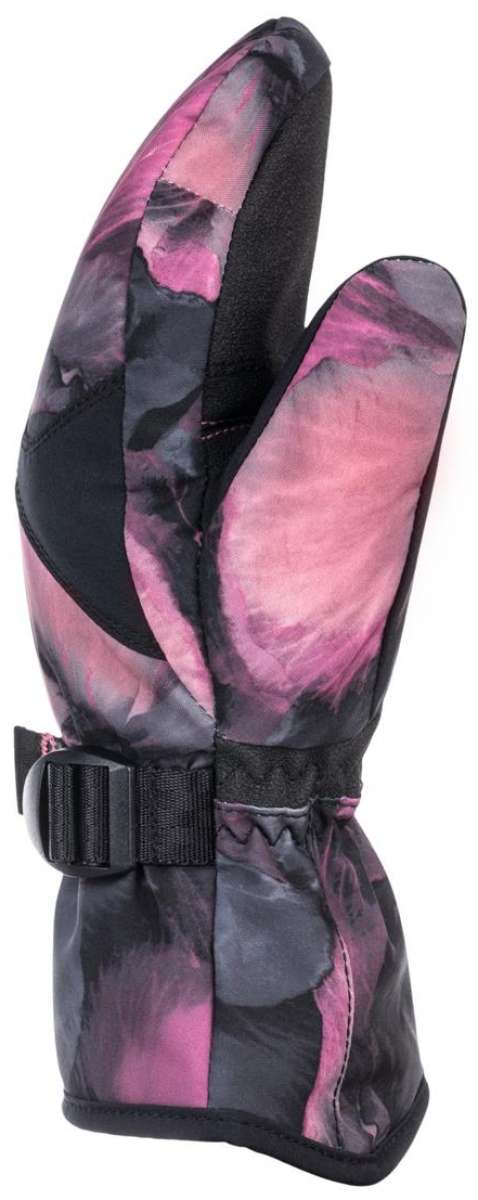 Roxy Junior's Jetty Mitt 2024 - A pair of pink and black mittens with a snowflake pattern on them.