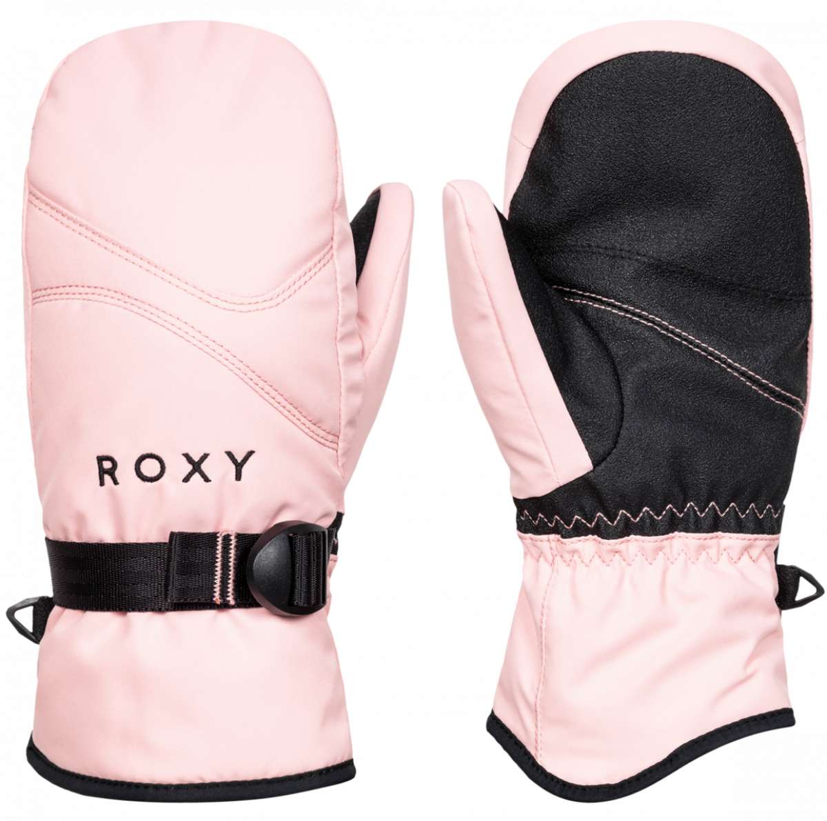 Roxy Women's Jetty Solid Mitten - A solid pink mitten with a black strap and buckle on the wrist.