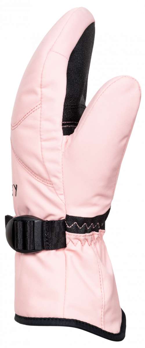 Roxy Women's Jetty Solid Mitten - Mittens are light pink with black fleece lining on the inside of the thumb and palm.