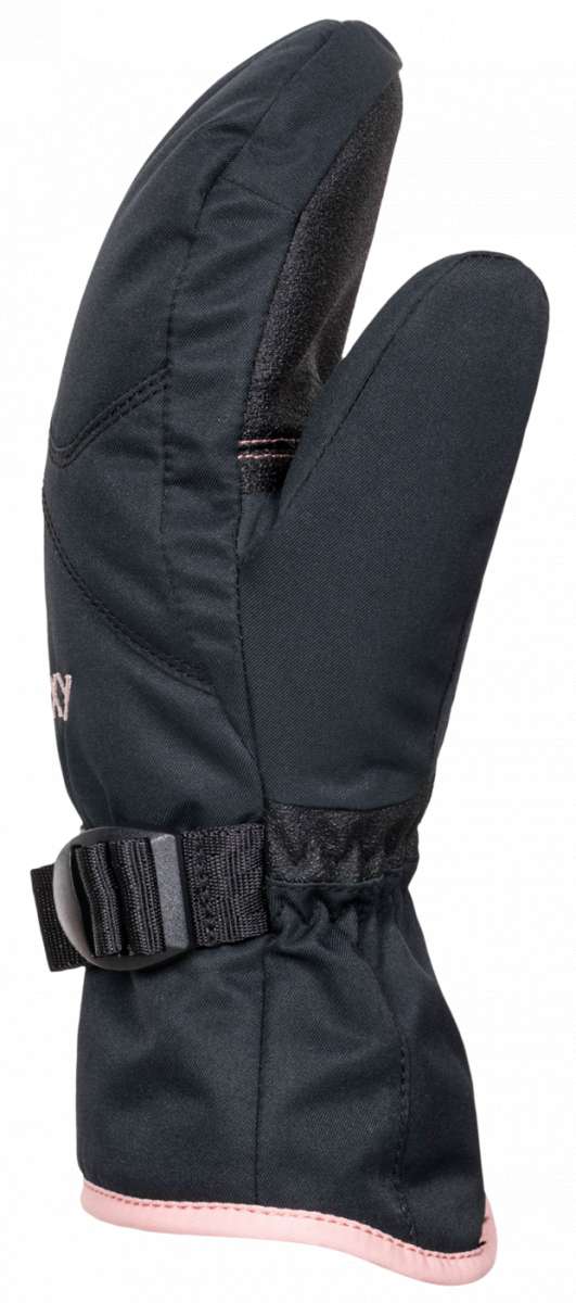 Roxy Women's Jetty Solid Mitten - Mittens are black with a solid pattern, featuring a pink trim at the cuff and thumb.