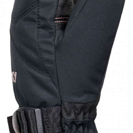 Roxy Women's Jetty Solid Mitten - Mittens are black with a solid pattern, featuring a pink trim at the cuff and thumb.