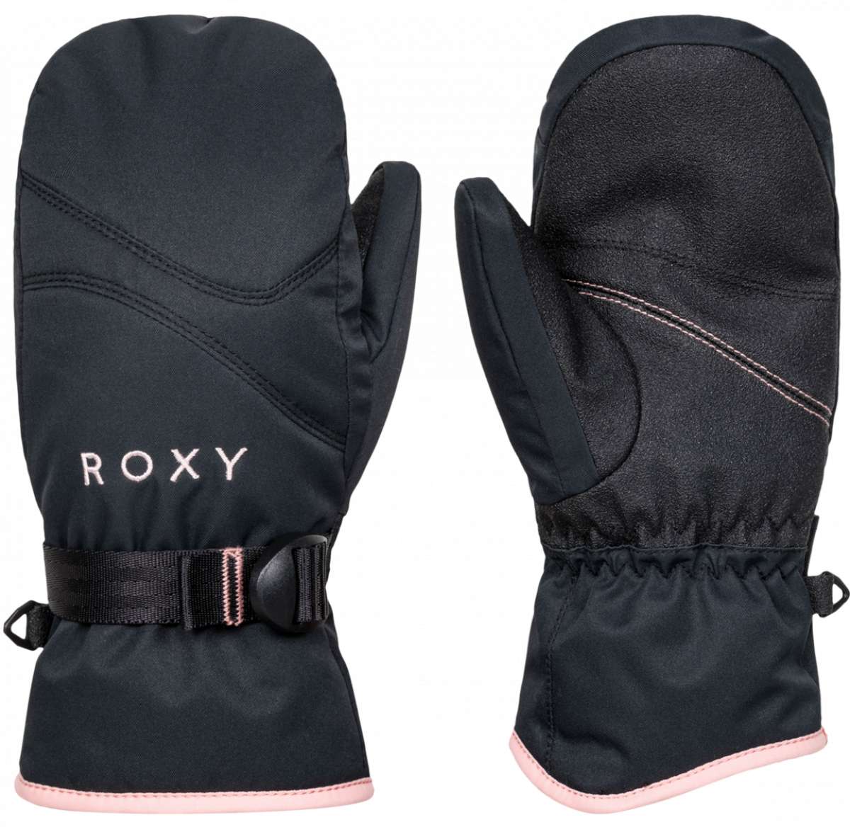 Roxy Women's Jetty Solid Mitten - A solid black mitten with a pink logo on the back of one hand.
