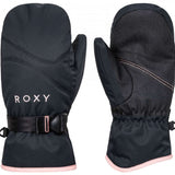 Roxy Women's Jetty Solid Mitten - A solid black mitten with a pink logo on the back of one hand.