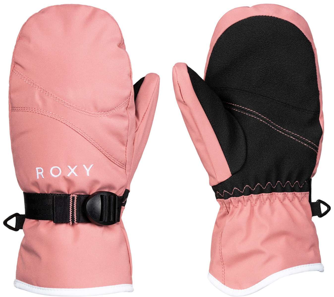 Roxy Junior's Jetty Solid Mittens - Mittens are solid black with a white trim and have a strap closure on the wrist.
