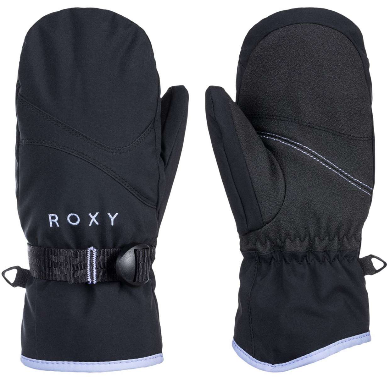 Roxy Junior's Jetty Solid Mittens 2024 - A pair of black mittens with a solid pattern, featuring white stitching on the cuff and thumb strap.