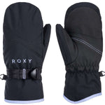 Roxy Junior's Jetty Solid Mittens 2024 - A pair of black mittens with a solid pattern, featuring white stitching on the cuff and thumb strap.