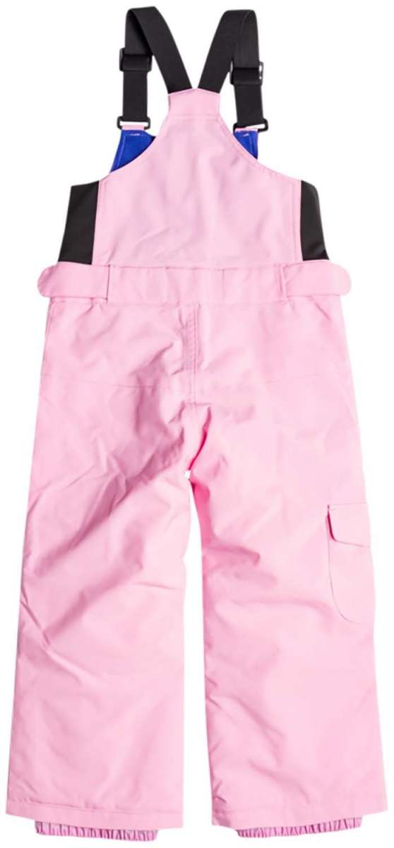 Roxy Junior's Lola Insulated Bib Pants 2024 - A pair of pink snow pants with a black strap on the back and a blue tag on the left leg.