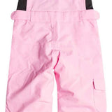 Roxy Junior's Lola Insulated Bib Pants 2024 - A pair of pink snow pants with a black strap on the back and a blue tag on the left leg.