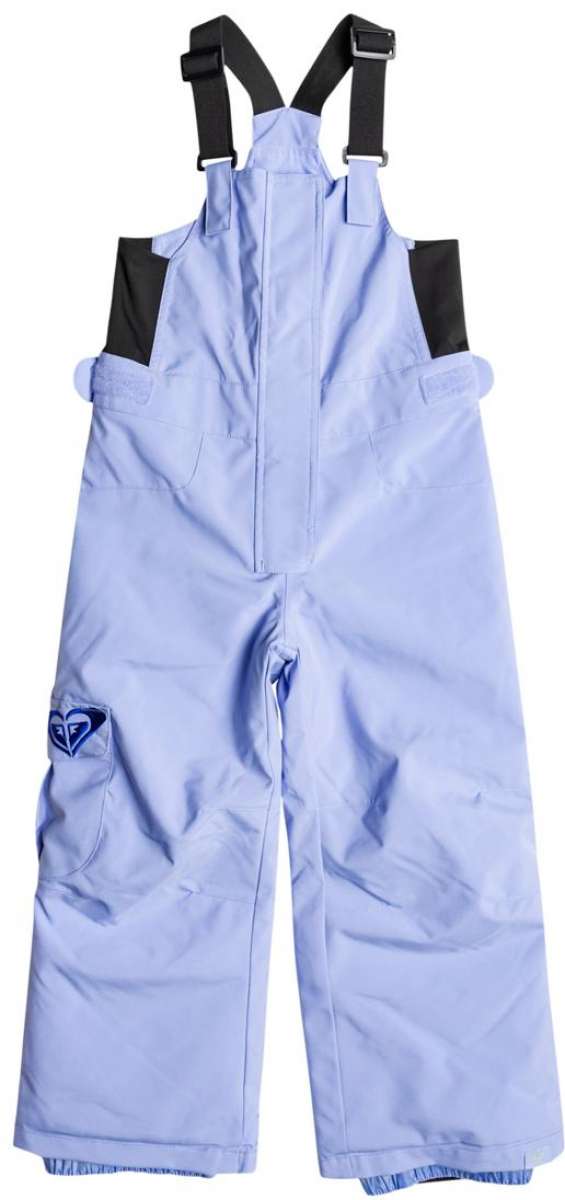 Roxy Junior's Lola Insulated Bib Pants 2024 - Light blue bib pants with a black logo on the left leg pocket.
