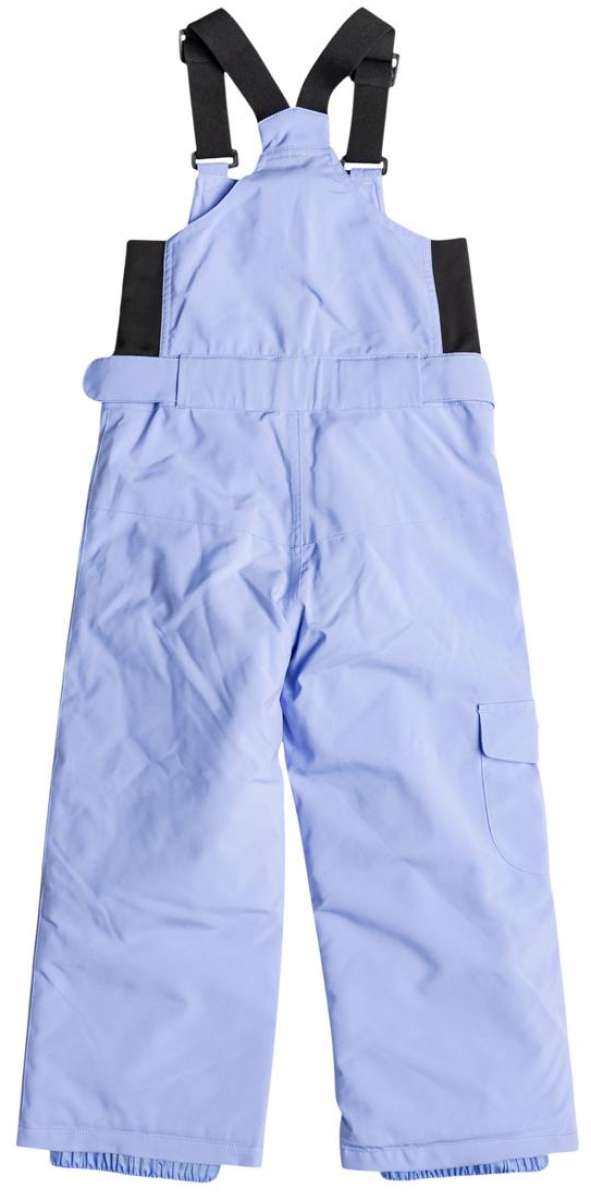 Roxy Junior's Lola Insulated Bib Pants 2024 - Light blue bib pants with a white snowflake pattern on the left leg, featuring black straps and a belt loop at the waist.
