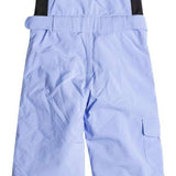 Roxy Junior's Lola Insulated Bib Pants 2024 - Light blue bib pants with a white snowflake pattern on the left leg, featuring black straps and a belt loop at the waist.