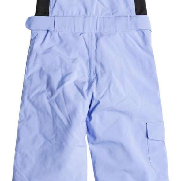 Roxy Junior's Lola Insulated Bib Pants 2024 - Light blue bib pants with a white snowflake pattern on the left leg, featuring black straps and a belt loop at the waist.