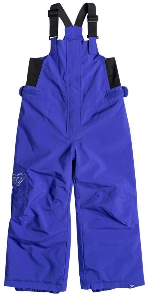 Roxy Junior's Lola Insulated Bib Pants 2024 - A pair of purple snow pants with a black strap on the back and a white logo on the left leg pocket.