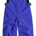 Roxy Junior's Lola Insulated Bib Pants 2024 - A pair of purple snow pants with a black strap on the back and a white logo on the left leg pocket.