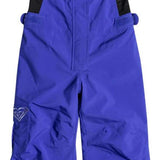 Roxy Junior's Lola Insulated Bib Pants 2024 - A pair of purple snow pants with a black strap on the back and a white logo on the left leg pocket.
