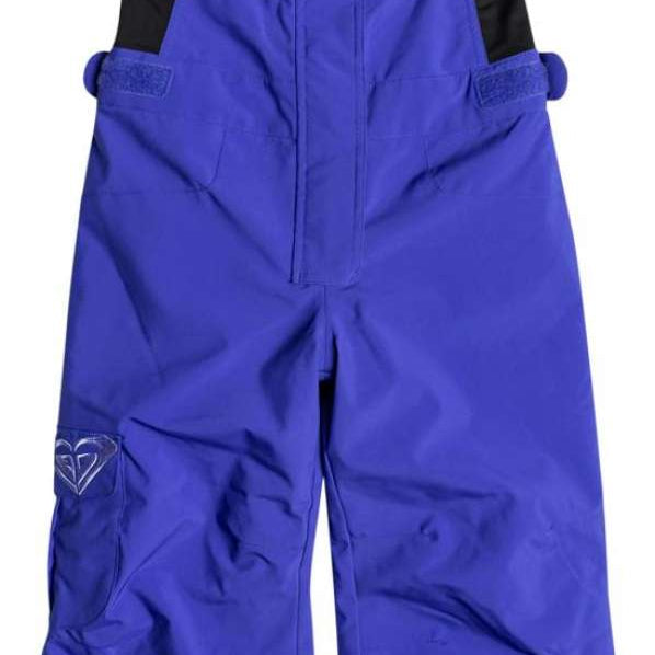 Roxy Junior's Lola Insulated Bib Pants 2024 - A pair of purple snow pants with a black strap on the back and a white logo on the left leg pocket.