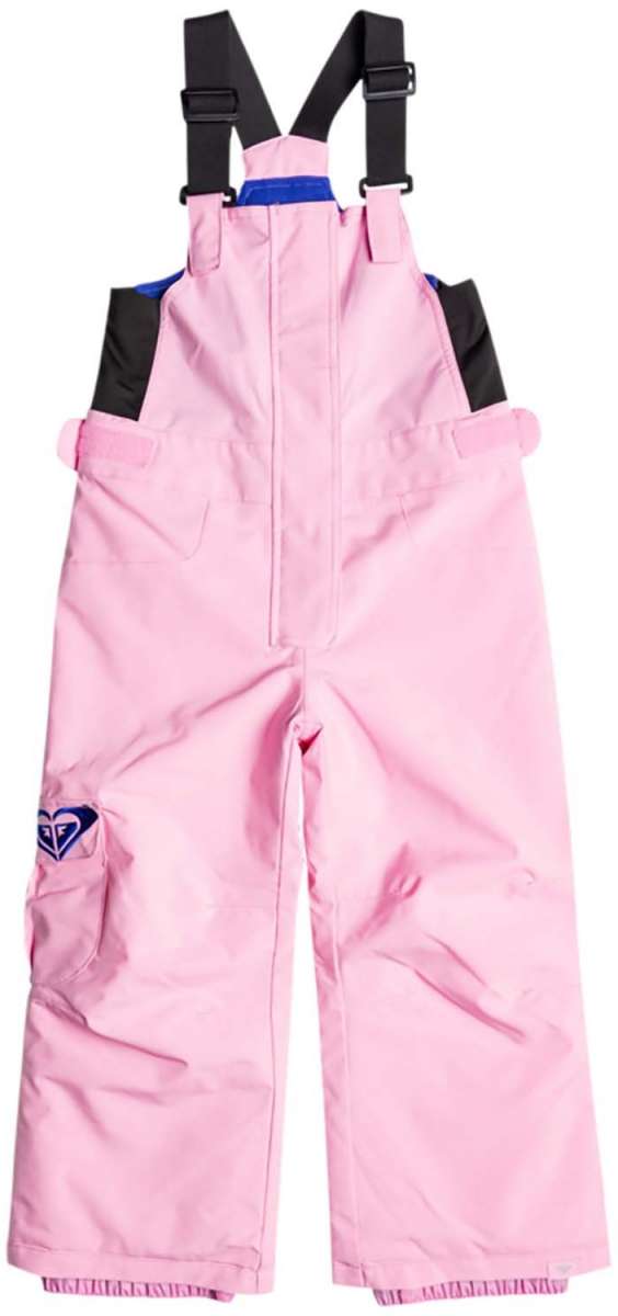 Roxy Junior's Lola Insulated Bib Pants 2024 - A pair of pink snow pants with a blue stripe at the waist and black straps on the back.