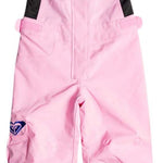 Roxy Junior's Lola Insulated Bib Pants 2024 - A pair of pink snow pants with a blue stripe at the waist and black straps on the back.
