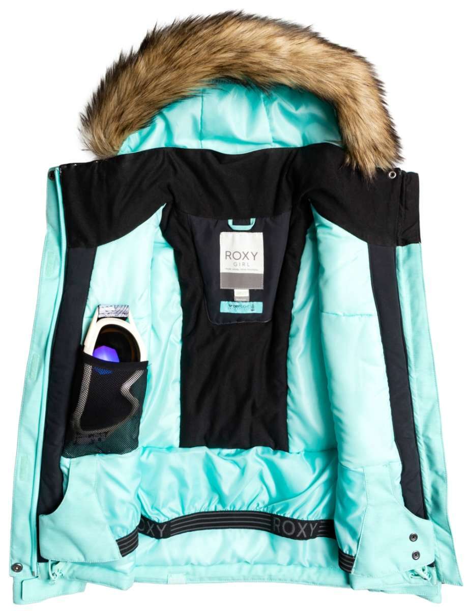 Roxy Junior's Meade Insulated Jacket 2022 - A light blue jacket with a fur-lined hood and black trim, laid flat on a solid background.