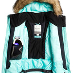 Roxy Junior's Meade Insulated Jacket 2022 - A light blue jacket with a fur-lined hood and black trim, laid flat on a solid background.