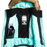 Roxy Junior's Meade Insulated Jacket 2022 - A light blue jacket with a fur-lined hood and black trim, laid flat on a solid background.