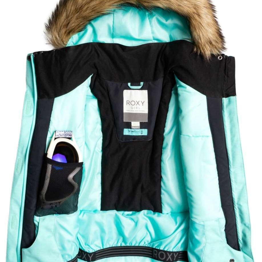 Roxy Junior's Meade Insulated Jacket 2022 - A light blue jacket with a fur-lined hood and black trim, laid flat on a solid background.