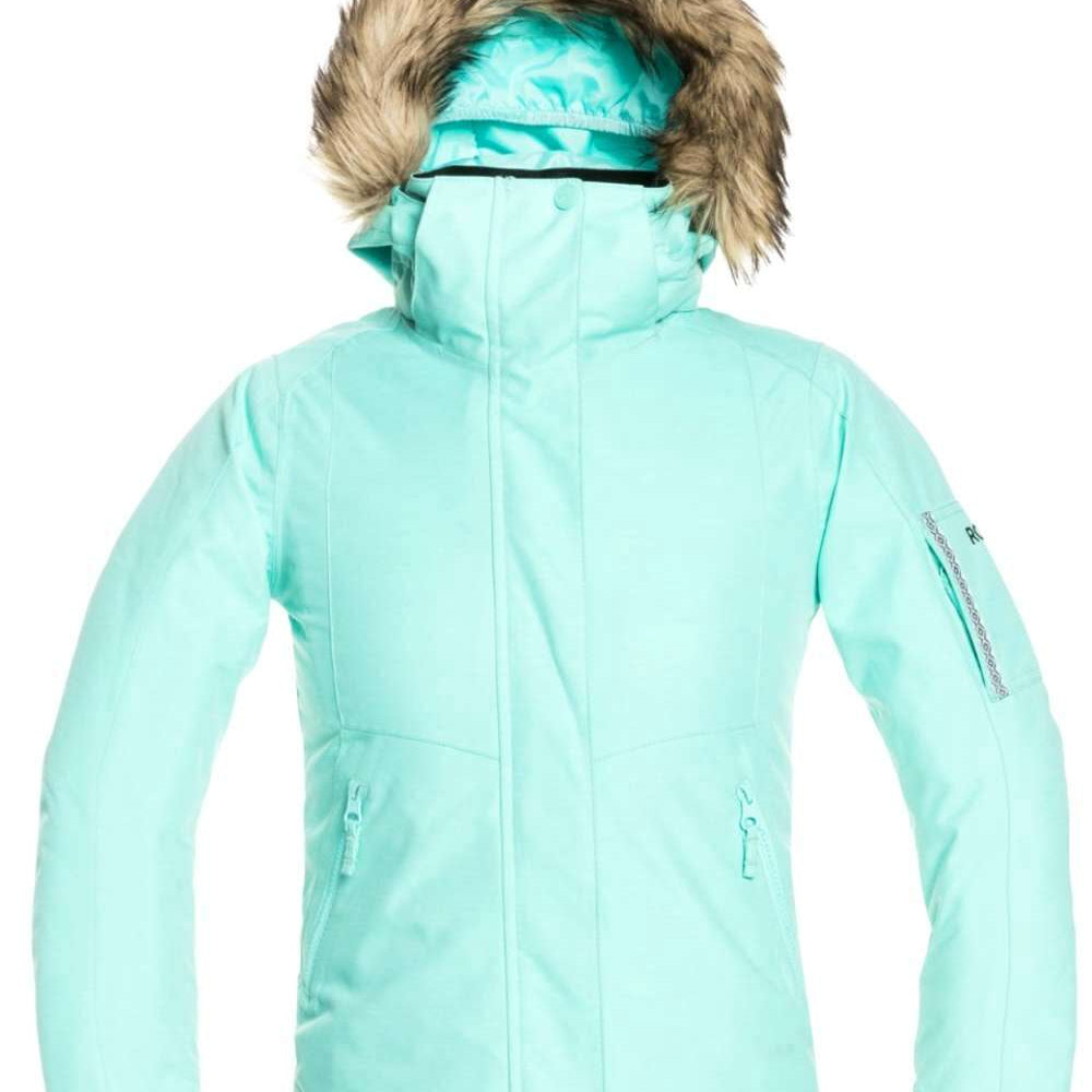 Roxy Junior's Meade Insulated Jacket 2022 - A mint green jacket with a fur-lined hood and two zippered pockets on either side.