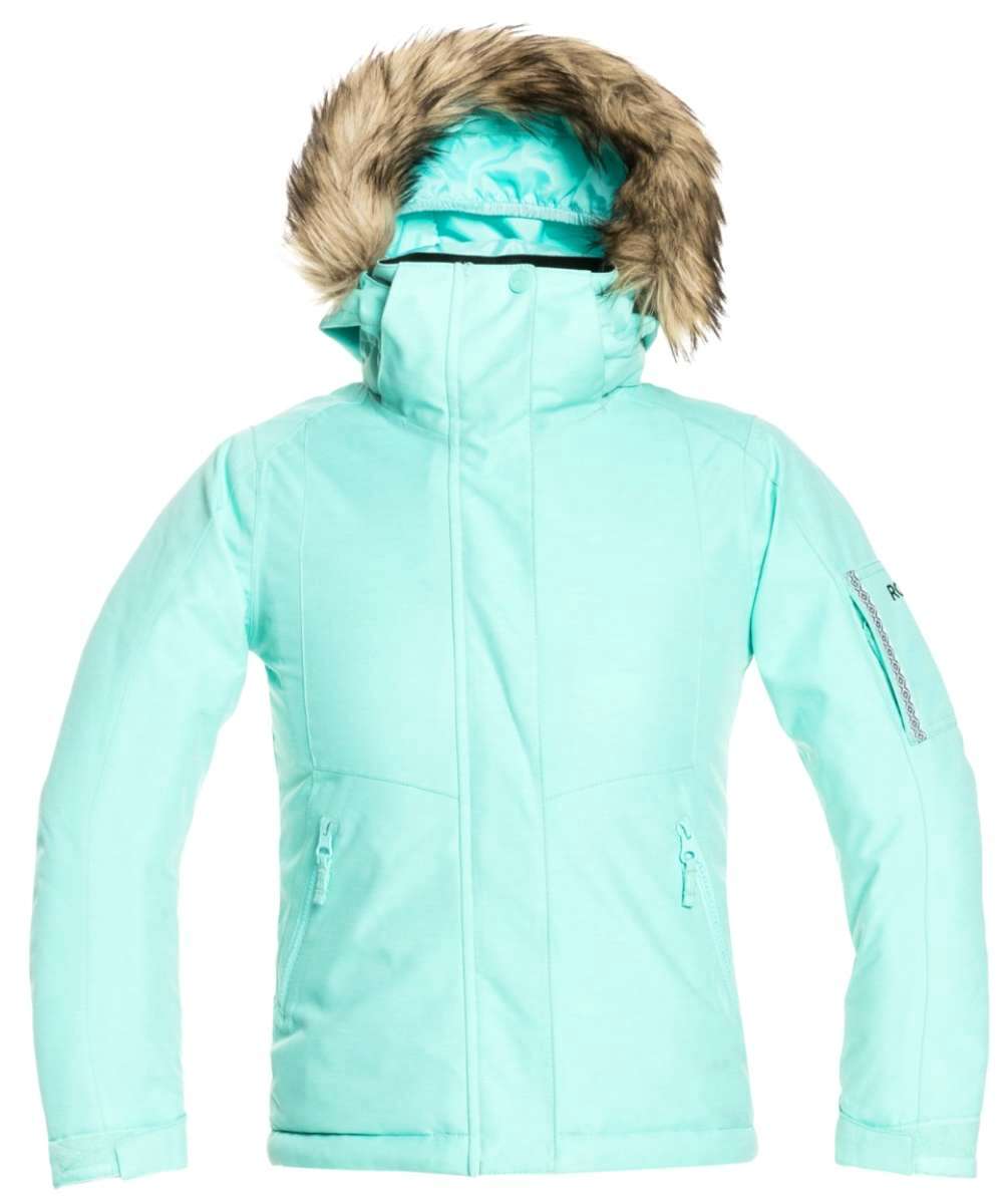 Roxy Junior's Meade Insulated Jacket 2022 - A mint green jacket with a fur-lined hood and two zippered pockets on either side.