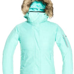 Roxy Junior's Meade Insulated Jacket 2022 - A mint green jacket with a fur-lined hood and two zippered pockets on either side.