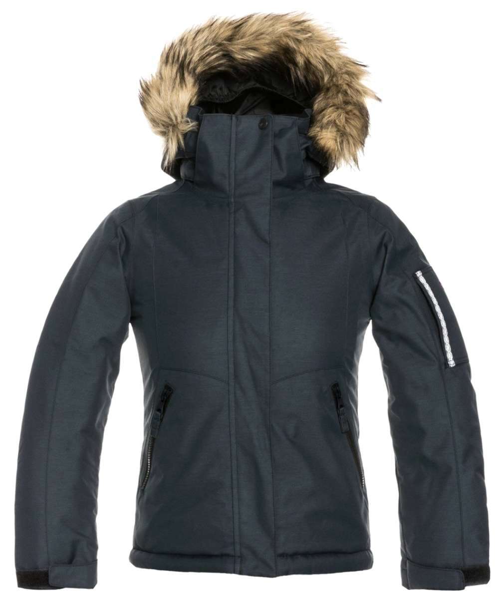 Roxy Junior's Meade Insulated Jacket 2022 - A dark blue jacket with a fur-lined hood and two zippered pockets on either side.