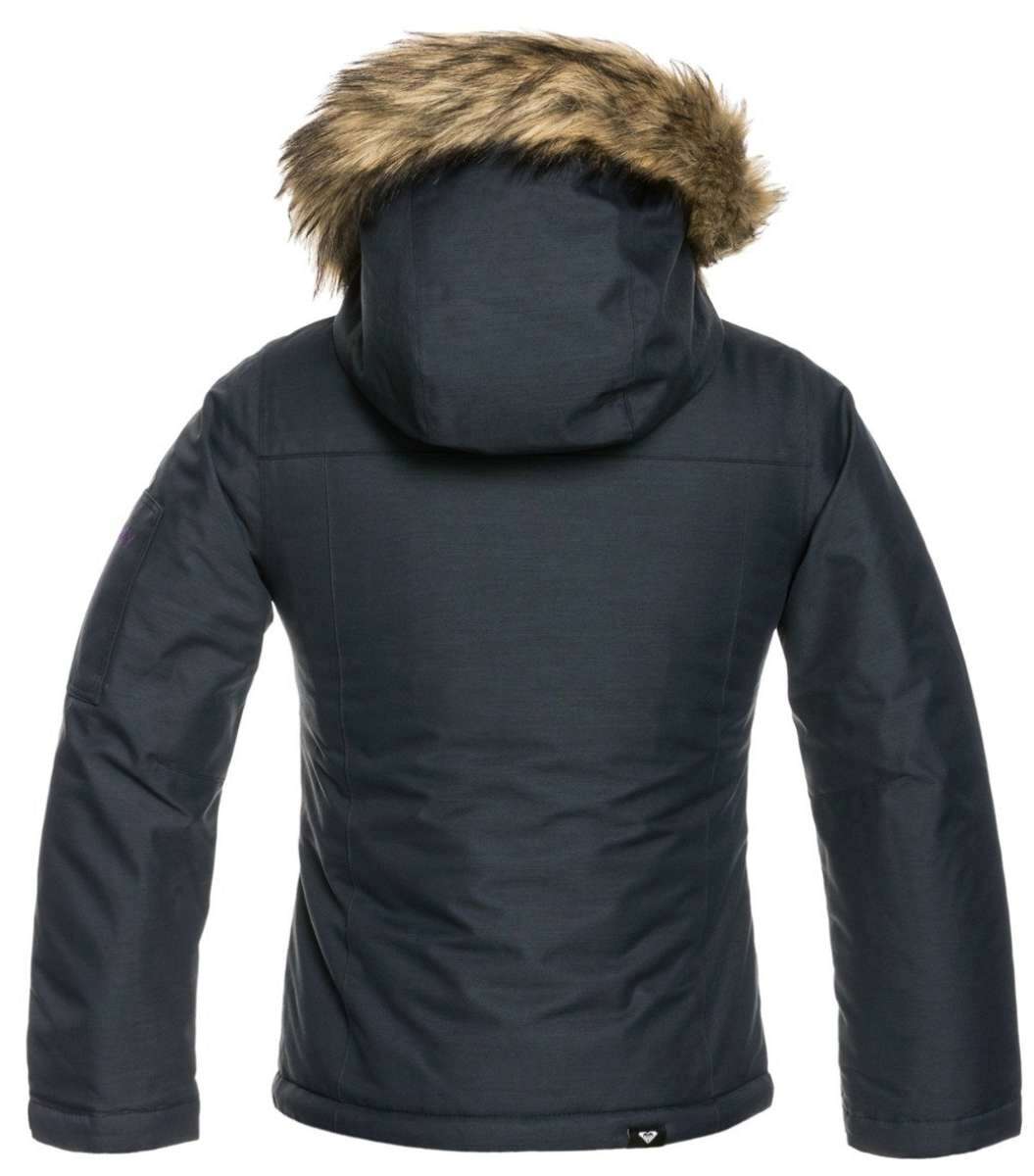 Roxy Junior's Meade Insulated Jacket 2022 - A dark blue jacket with a fur-lined hood and zippered pockets.