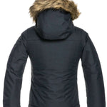 Roxy Junior's Meade Insulated Jacket 2022 - A dark blue jacket with a fur-lined hood and zippered pockets.