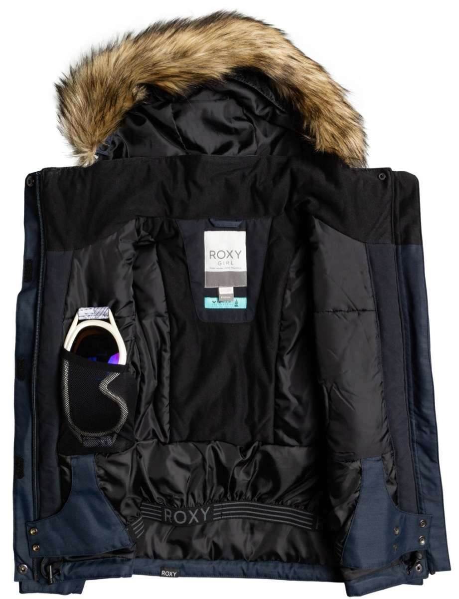 Roxy Junior's Meade Insulated Jacket 2022 - A black insulated jacket with a fur-lined hood and zippered pockets.