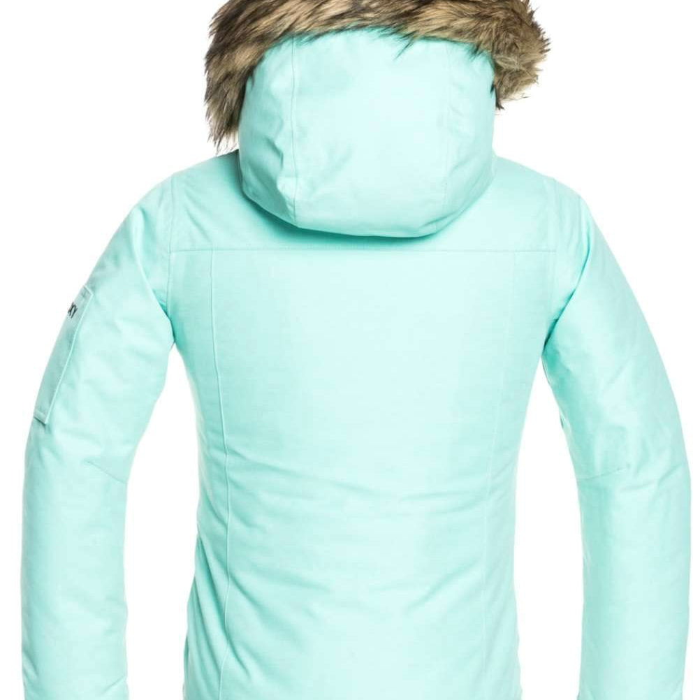 Roxy Junior's Meade Insulated Jacket 2022 - A mint green jacket with a fur-lined hood and black zipper.