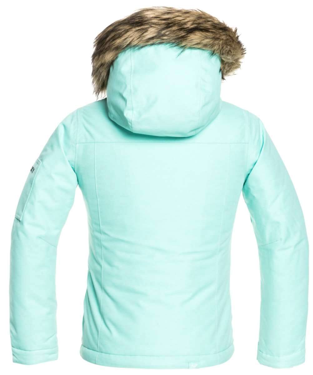 Roxy Junior's Meade Insulated Jacket 2022 - A mint green jacket with a fur-lined hood and black zipper.