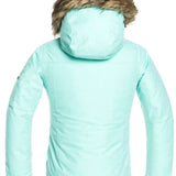 Roxy Junior's Meade Insulated Jacket 2022 - A mint green jacket with a fur-lined hood and black zipper.