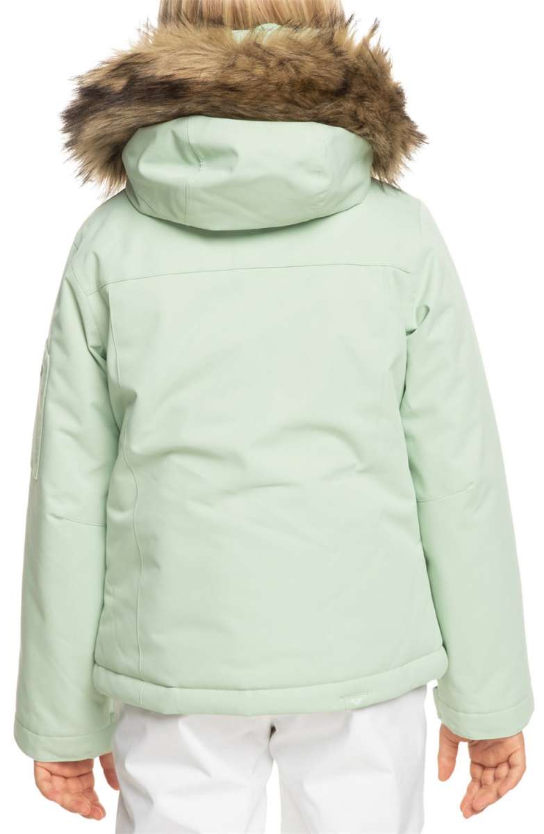 Roxy Junior's Meade Insulated Jacket 2024 - A mint green jacket with a fur-lined hood and zippered pockets.