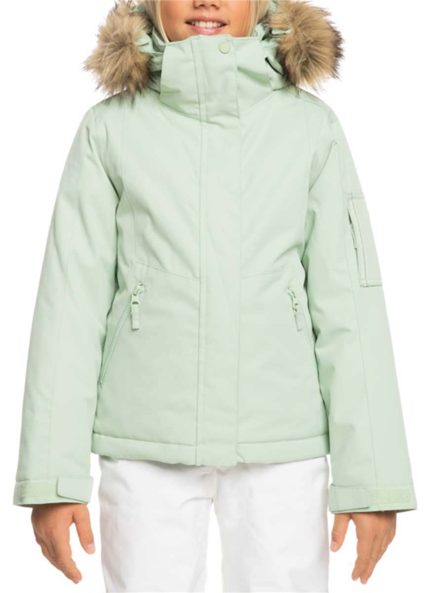 Roxy Junior's Meade Insulated Jacket 2024 - A mint green jacket with a fur-lined hood and two zippered pockets on either side.