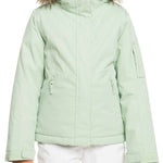 Roxy Junior's Meade Insulated Jacket 2024 - A mint green jacket with a fur-lined hood and two zippered pockets on either side.