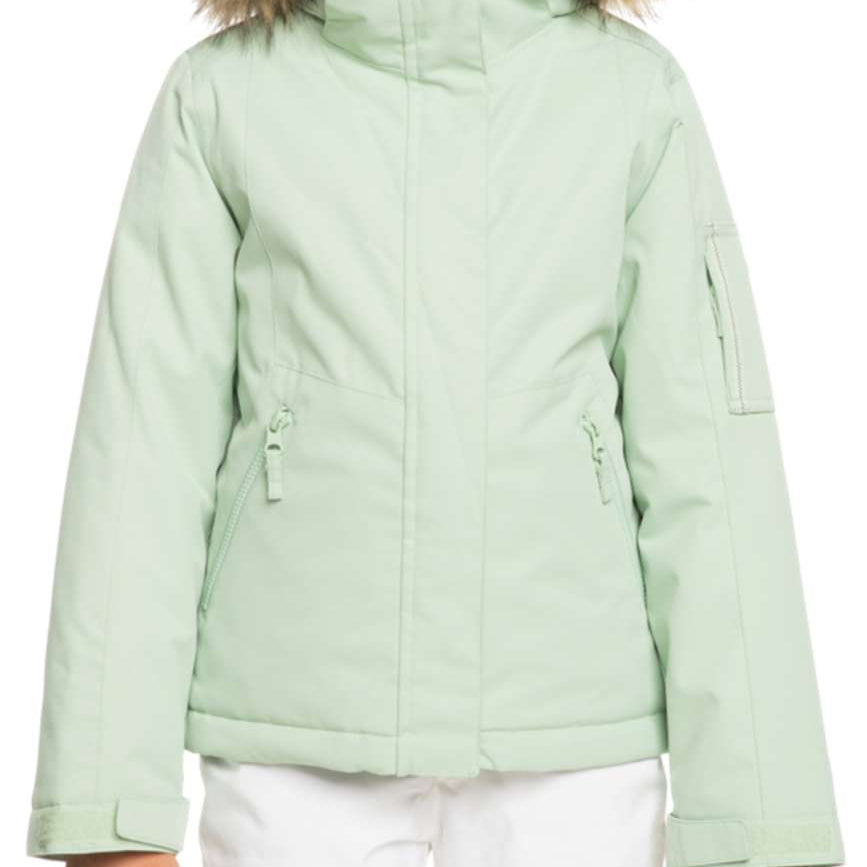 Roxy Junior's Meade Insulated Jacket 2024 - A mint green jacket with a fur-lined hood and two zippered pockets on either side.