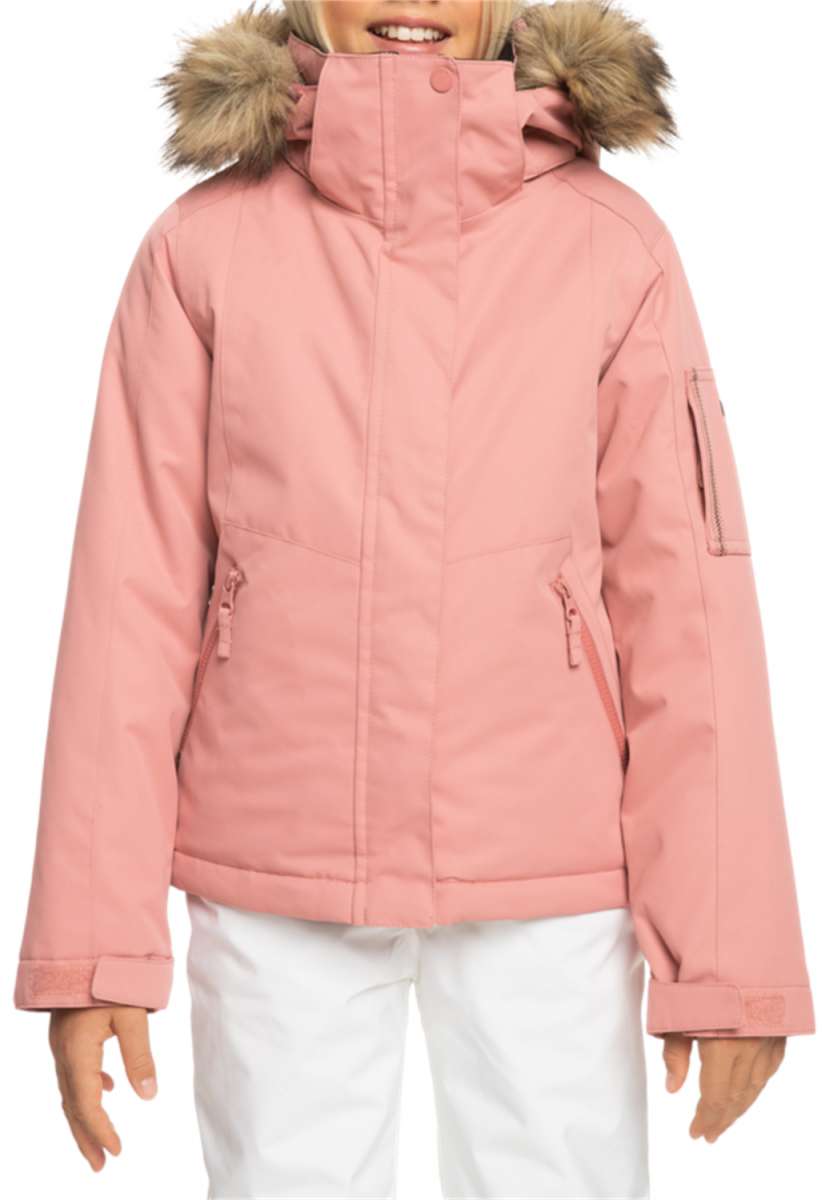 Roxy Junior's Meade Insulated Jacket 2024 - A dusty rose-colored jacket with a fur-lined hood and two zippered pockets on either side.