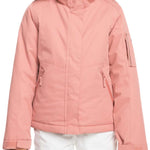 Roxy Junior's Meade Insulated Jacket 2024 - A dusty rose-colored jacket with a fur-lined hood and two zippered pockets on either side.